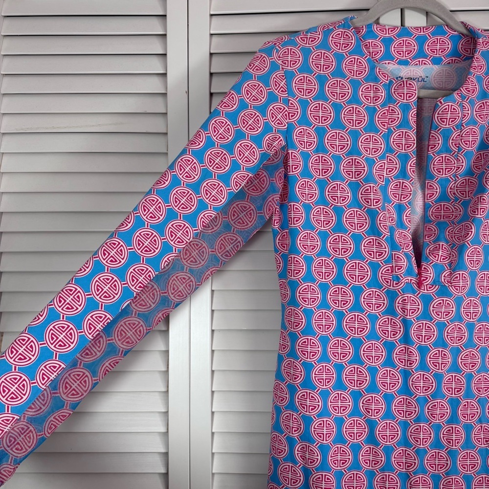 Ibkul Long Sleeve 1/4 Zip Crew Neck Dress Blue Pink Medallion Print Size Small - Picture 5 of 8